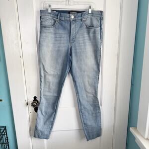 EXPRESS Perfect Curves Leggings High Rise Jeans Blue Side Seam Stripe Raw Hem 12